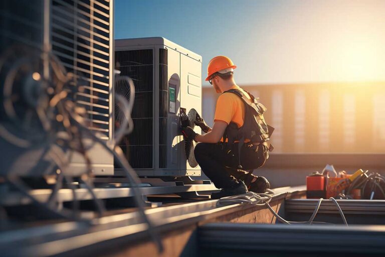 A technician inspects a residential outdoor heat pump unit during winter.